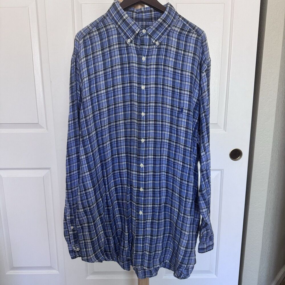 NWOT Ralph Lauren Men’s Long Sleeve Button Up Shirt 2XLT Blue Plaid 100% Linen